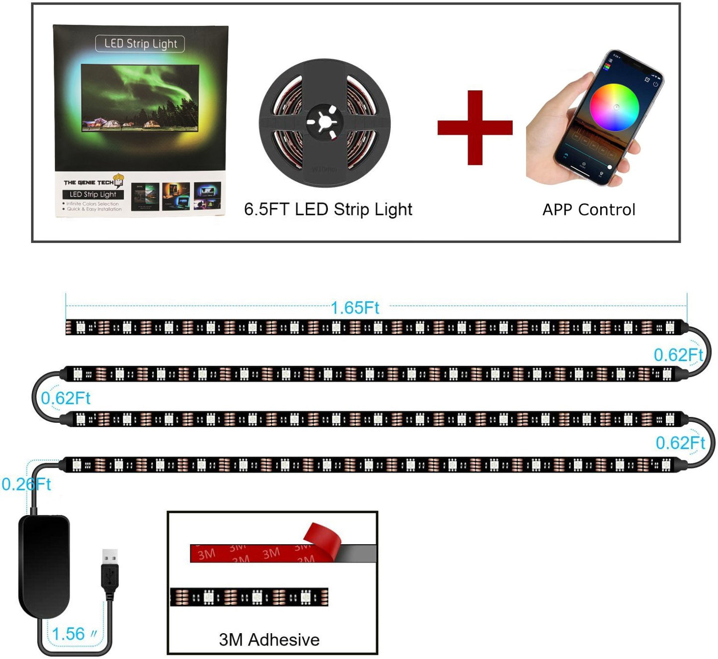 RGB TV LED Backlight Strip USB Powered, 24in-60in,Bluetooth APP