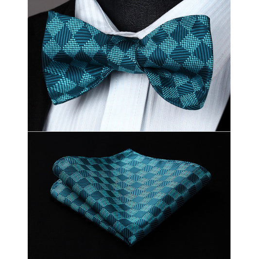 Turquoise Checkers Mens Silk Self tie Bow Tie with Pocket Squares Set