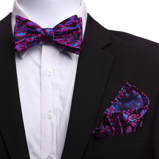 Men's Silk Pink Blue Self Bow Tie with Handkerchief
